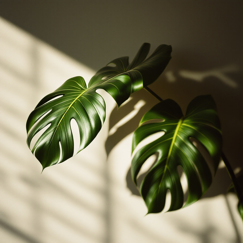 Monstera leaves in dramatic light and shadow