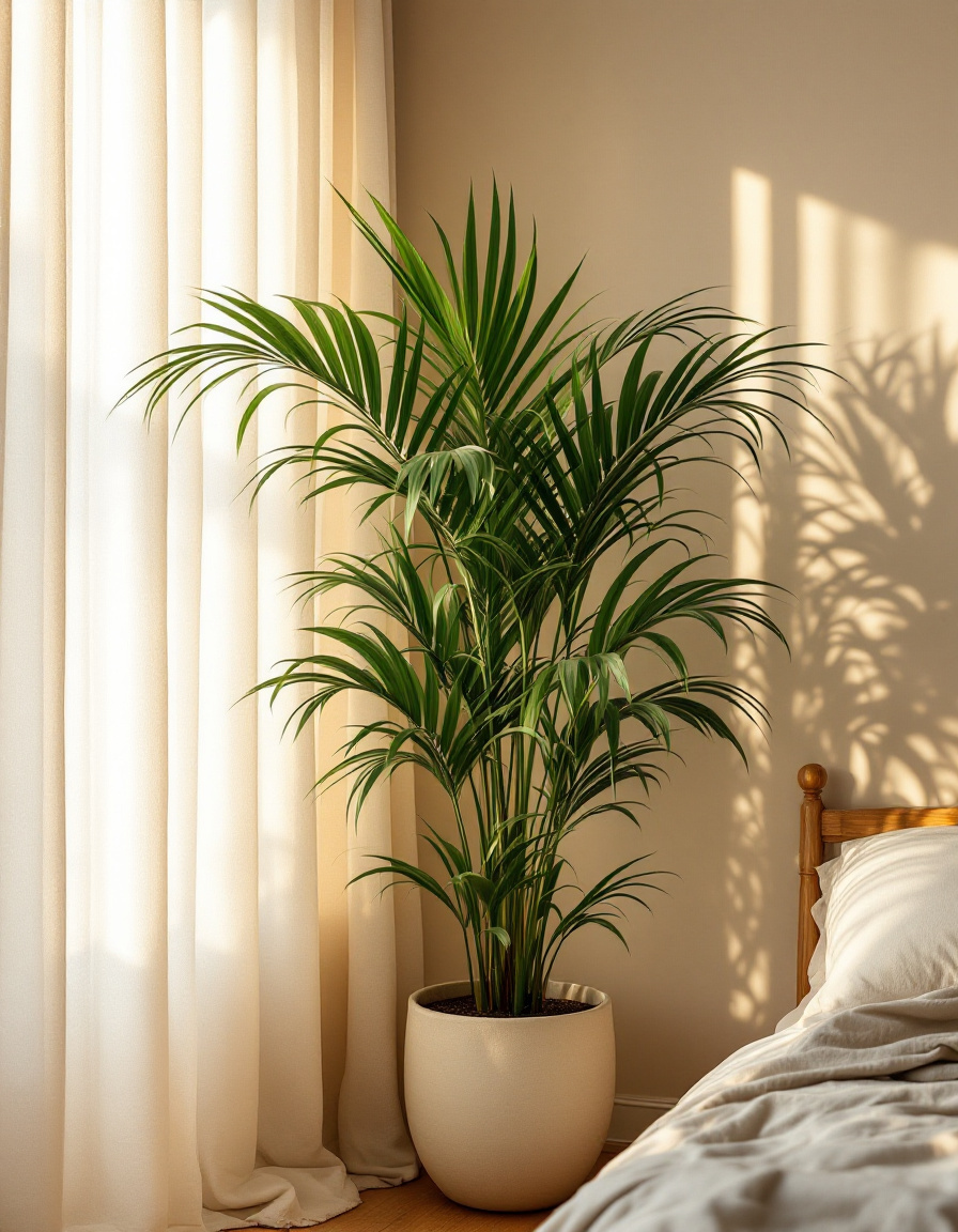 A healthy kentia palm in a handmade ceramic planter beside soft linen curtains